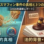 デスマフィン事件の科学的原因（糸引き現象）と法的結末（逮捕・処分なし）を対比させた解説記事のサムネイル