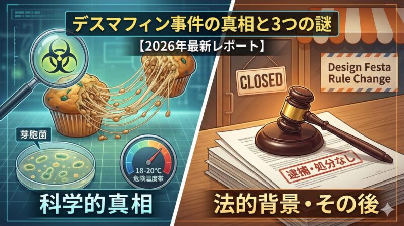 デスマフィン事件の科学的原因（糸引き現象）と法的結末（逮捕・処分なし）を対比させた解説記事のサムネイル