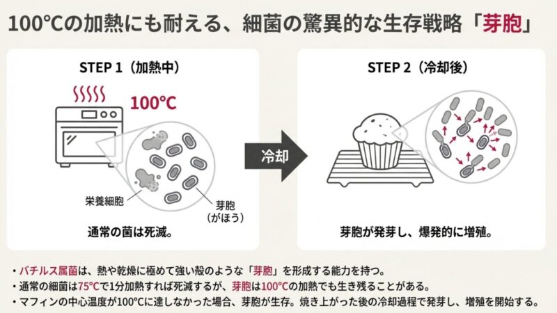 100℃の加熱でも生き残る細菌の「芽胞」が、冷却後に発芽して増殖するプロセスの図解