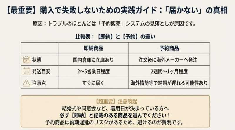 国内在庫がある即納商品と、注文後発注する予約商品の発送目安や注意点を比較した一覧表