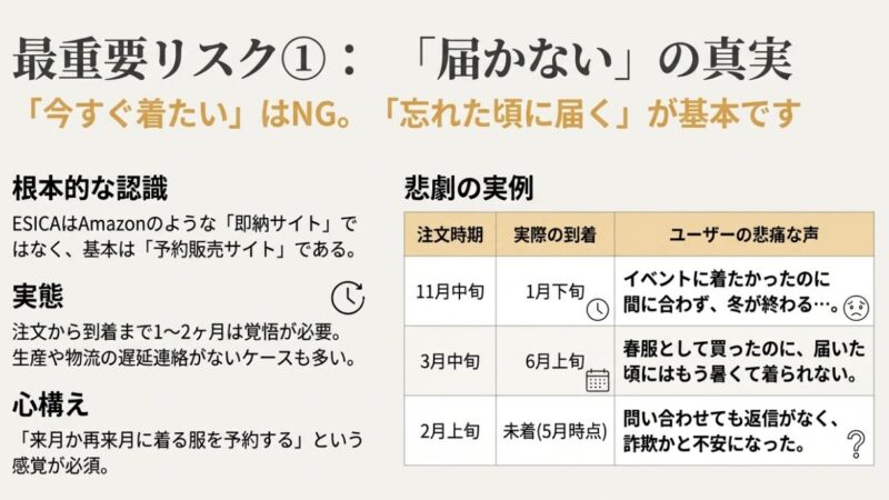 ESICAは届かない？注文時期と実際の到着時期の遅延事例表。1〜2ヶ月待ちは基本