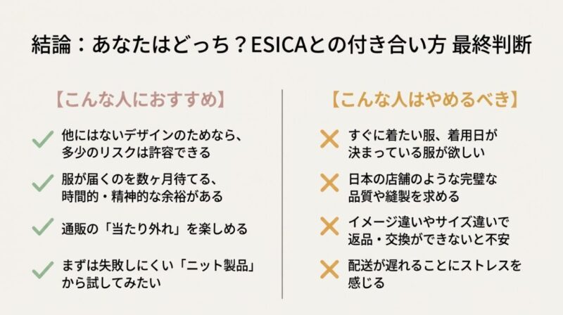 ESICAがおすすめな人とやめるべき人。リスク許容度とファッションスタイルの最終診断