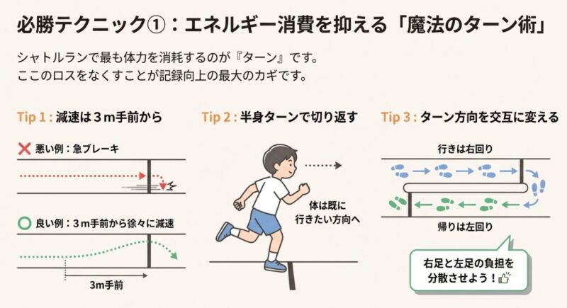 シャトルランのターン技術図解。急ブレーキの悪い例と、3m手前から減速して半身で回る良い例の比較
