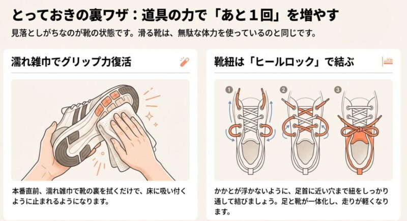 靴のグリップ力を回復させるための雑巾がけと、足首を固定するヒールロックの靴紐の結び方