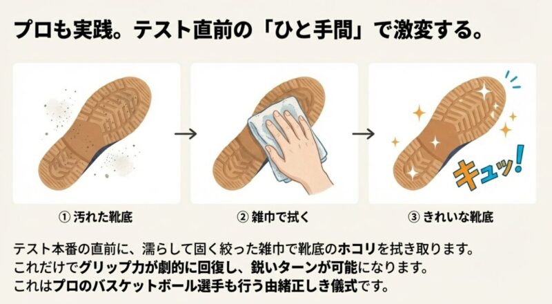 濡れ雑巾で靴底のグリップ力を回復させる方法