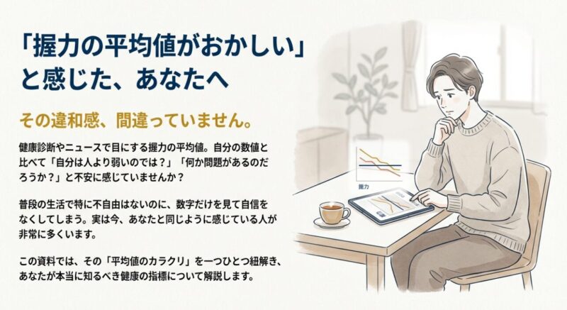 握力の平均値グラフを見て自分の数値が低いことに不安を感じている男性のイラスト