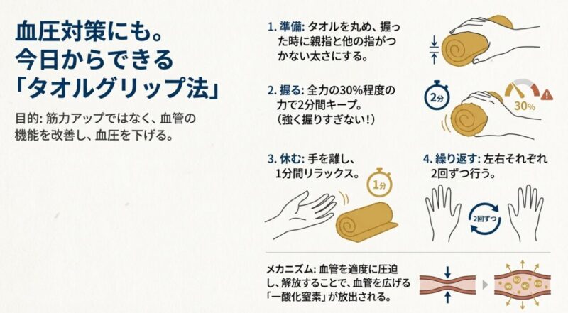 血圧改善に効果的なタオルグリップ法のやり方と一酸化窒素放出のメカニズム