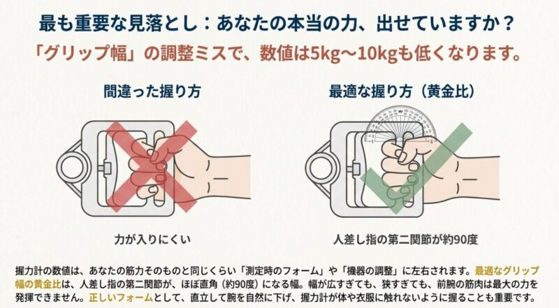 握力計の数値が変わるグリップ幅の調整方法と正しいフォームの図解