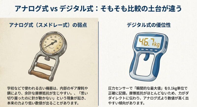 アナログ式握力計の構造的弱点とデジタル式握力計の数値が高く出る理由の比較