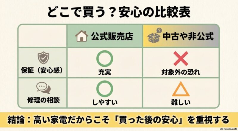 公式店と中古店における保証や修理相談のしやすさを比較した表