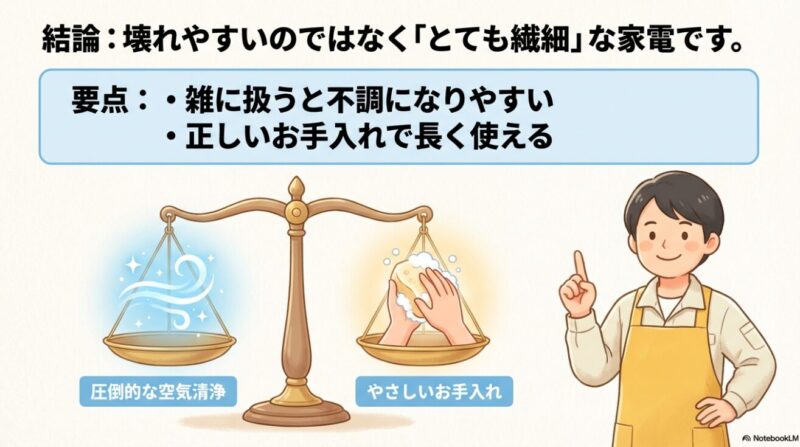 圧倒的な空気清浄性能とやさしいお手入れの重要性を天秤で表現したイラスト
