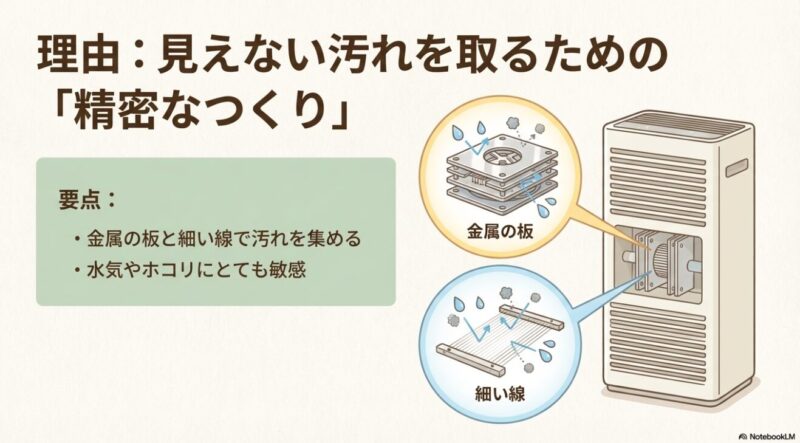 汚れを集める金属の板と細い線の構造を示したエアドッグの内部図解