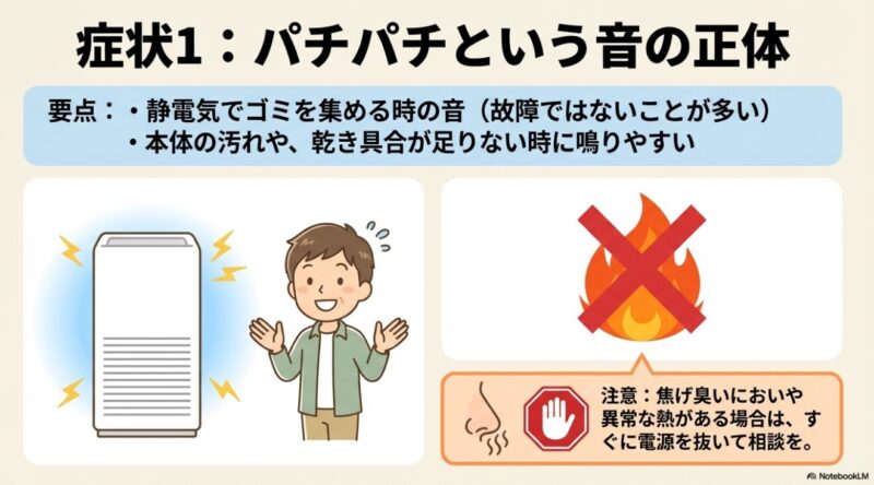 パチパチ音の原因が静電気であることと焦げ臭い場合の注意点を示すイラスト
