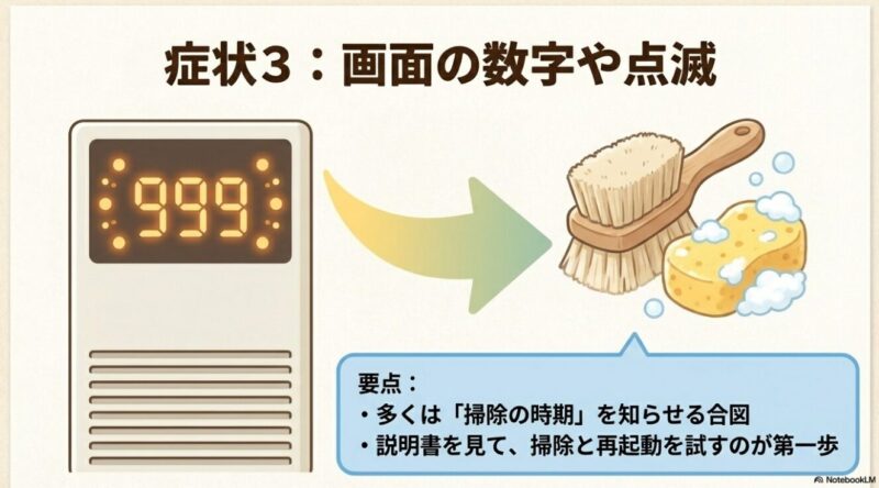 掃除の時期を知らせる999という数字が点滅しているエアドッグのディスプレイ画面