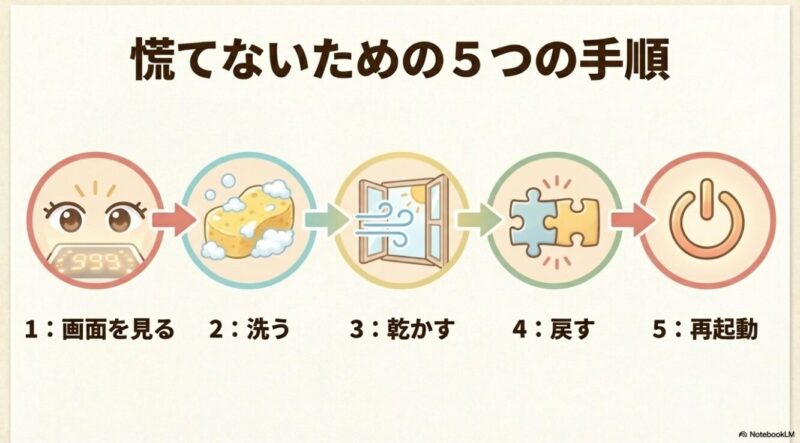 画面確認から洗浄、乾燥、再起動までの5つの手順をまとめたイラスト