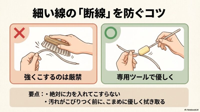 専用ツールを使用して細い線を優しく拭き取る正しいお手入れの様子