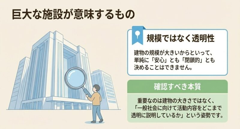 巨大なビルを虫眼鏡で観察している小さな人物のイラスト