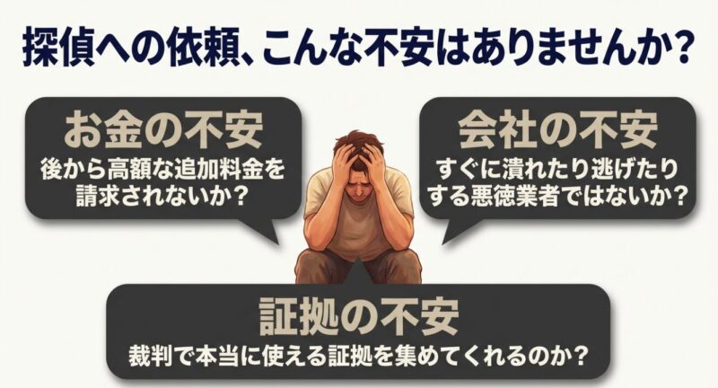 探偵への依頼に悩む男性のイラストとよくある不安