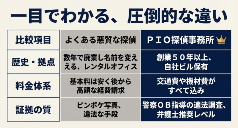 料金体系や証拠の質に関する他社との比較表